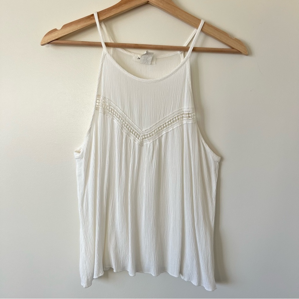 Agaci White Crochet Halter Crinkle Sleeveless Tank Medium Boho Bohemian Festival